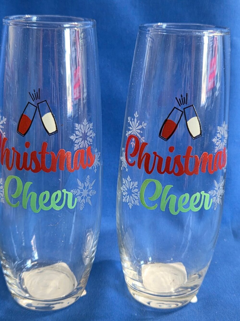 Set 2 New CHRISTMAS CHEER Stemless Flute WINE GLASSES Royal Norfolk Champagne